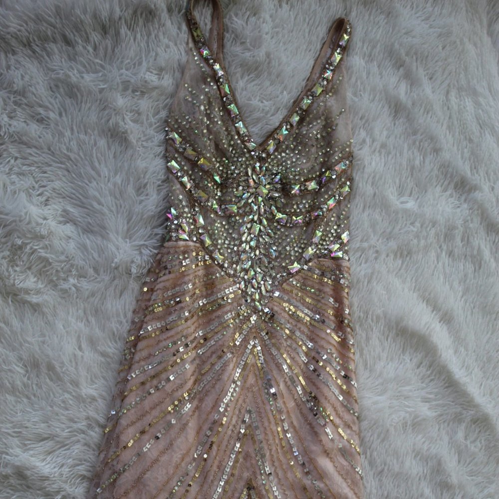 Nude Pink V-Neck Jeweled Maxi